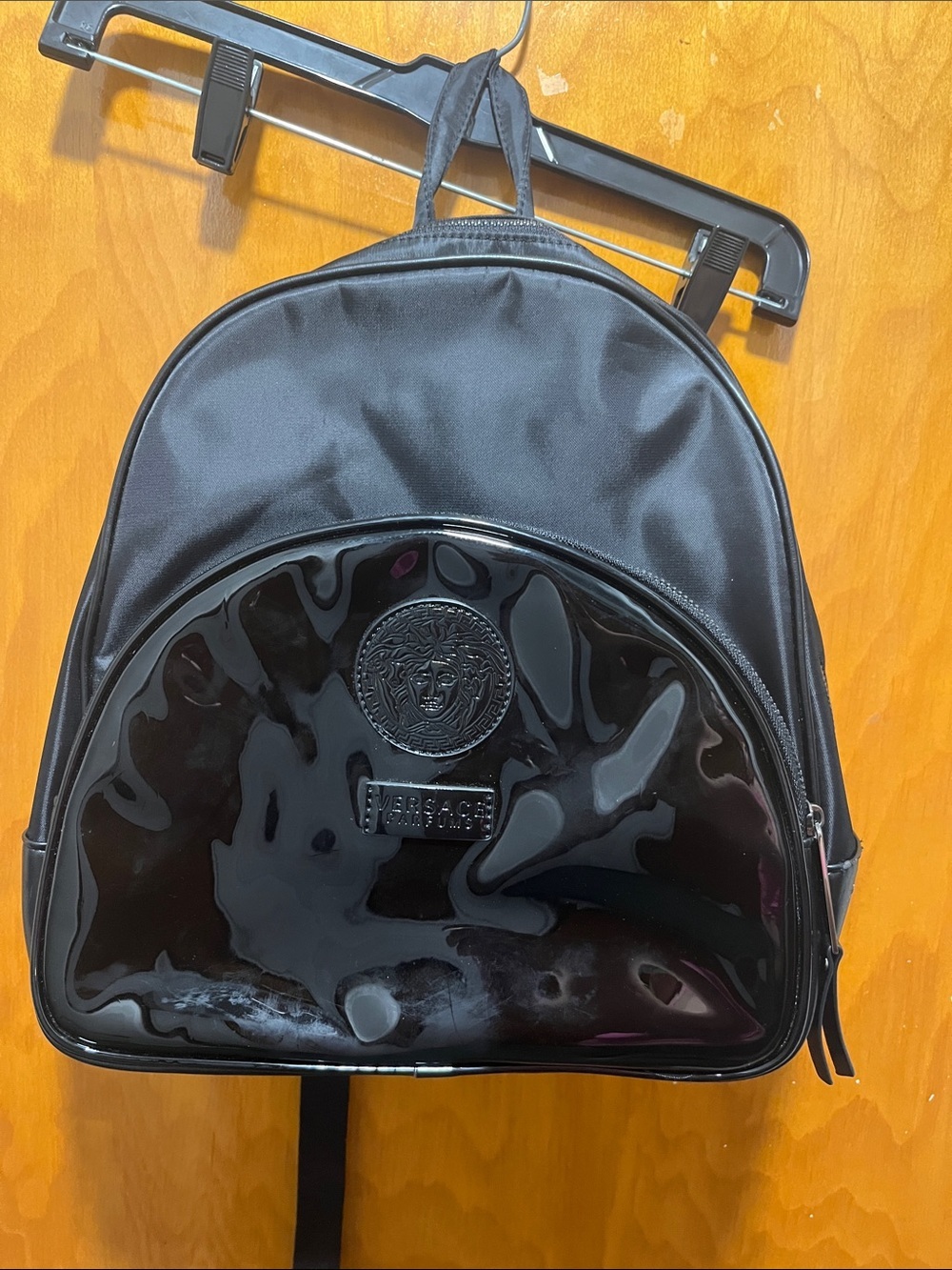 Versace Parfumes Black Patent Front Nylon Backpack